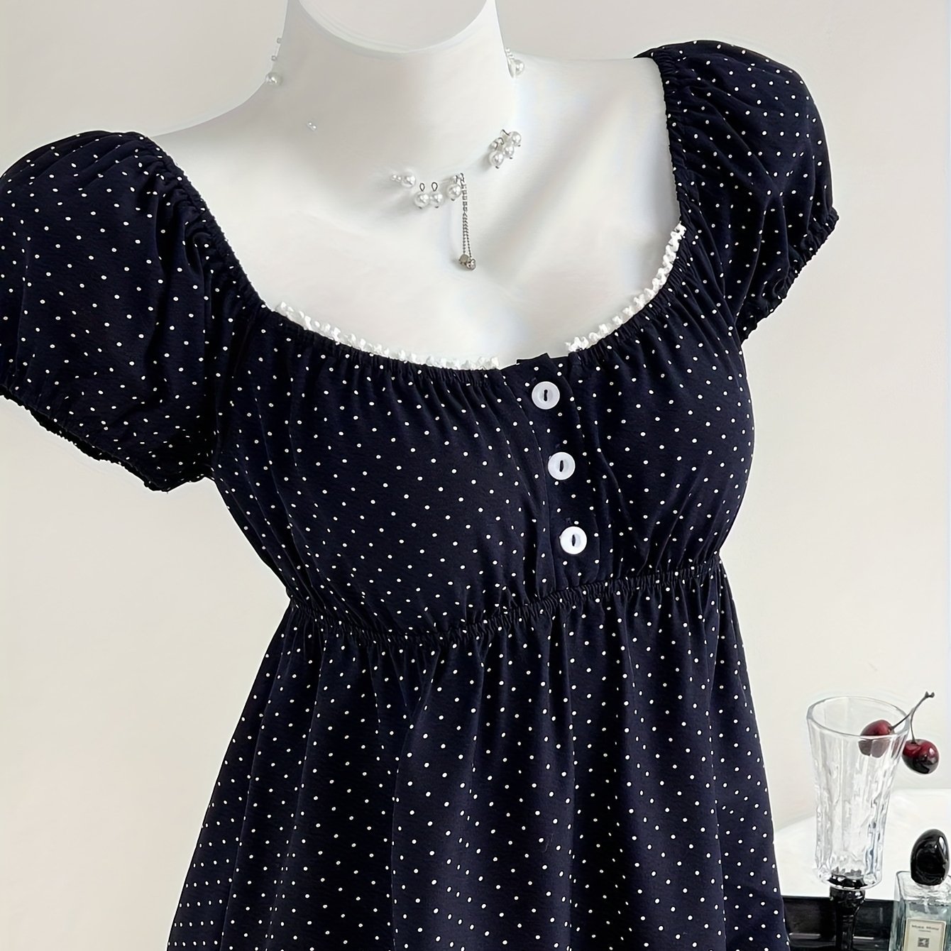 TEMU Women's Comfortable Square Neck Polka Dot Print Short Sleeve Shirt, Thanksgiving Shirt, Fashionable, Christmas Women's Clothing, Comfortable ,