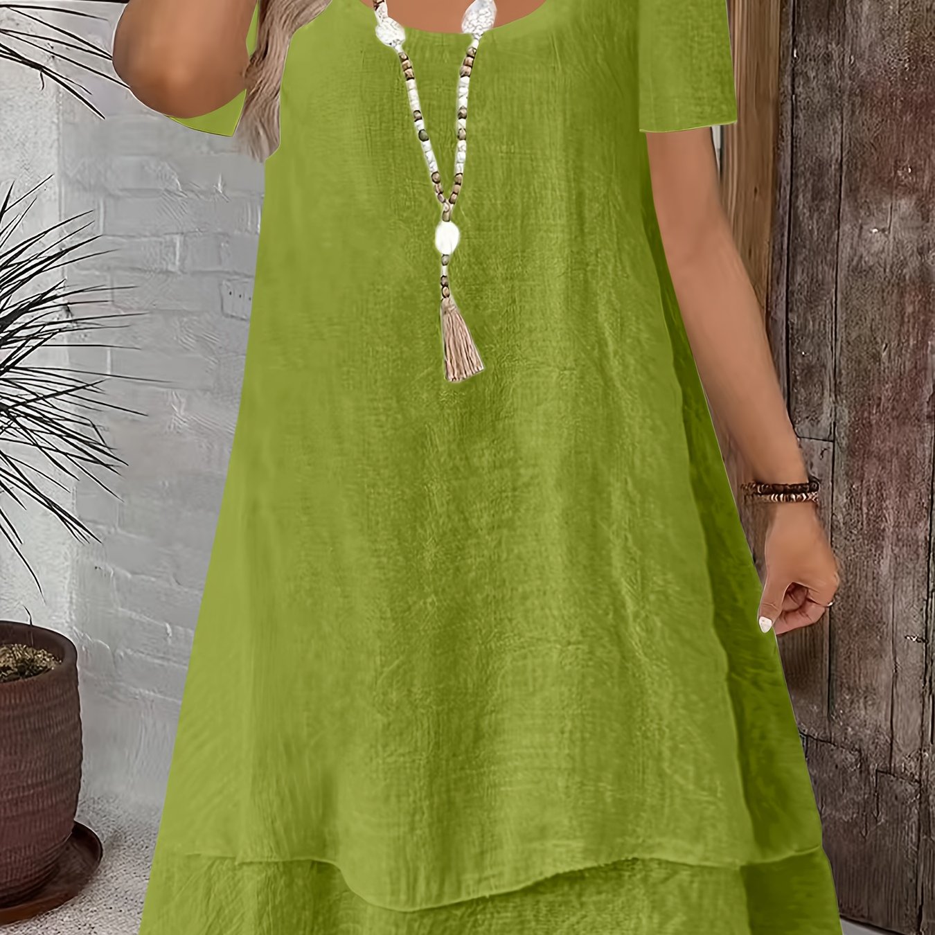 TEMU Plus Size, Summer New Women's Casual Loose Fashion Elegant Short Sleeve Solid Color Round Neck Double Layer Cake Hem Beach Dress