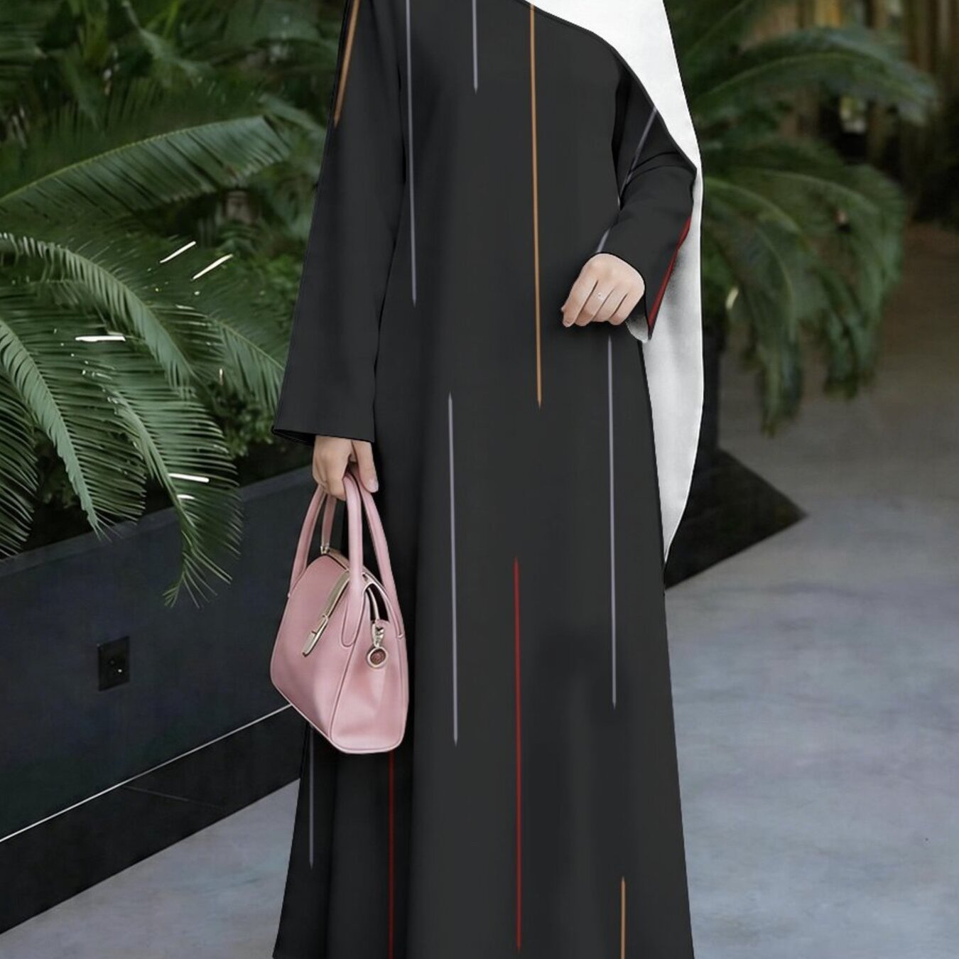 TEMU 2026 Black Background Colorful Lines Vertical Stripes Robe Minimalist Style Long Sleeves Casual Outing Elegant Temperament Digital Printing