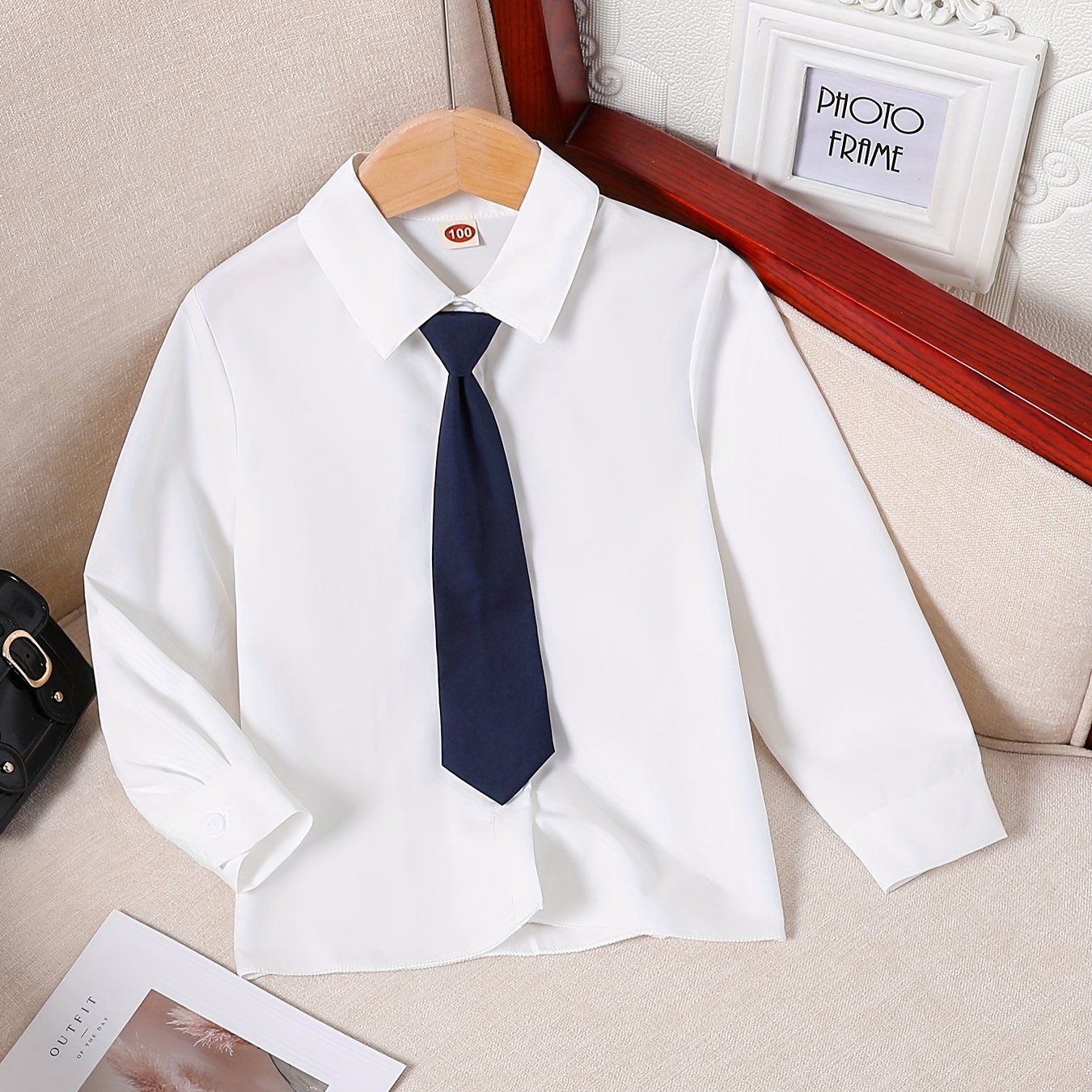 Girls' Preppy Style School Uniform Shirt, Spring Autumn Long Sleeve White Blouse With Tie