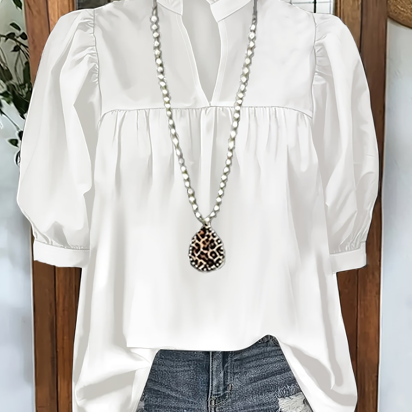 E-shop Plus Size, Damenmode Elegantes Casual Einfarbiges Plissiertes V-Ausschnitt Knopf-Puffärmel Kurzarmhemd, Vintage doch Stilvoll, für Tägliche