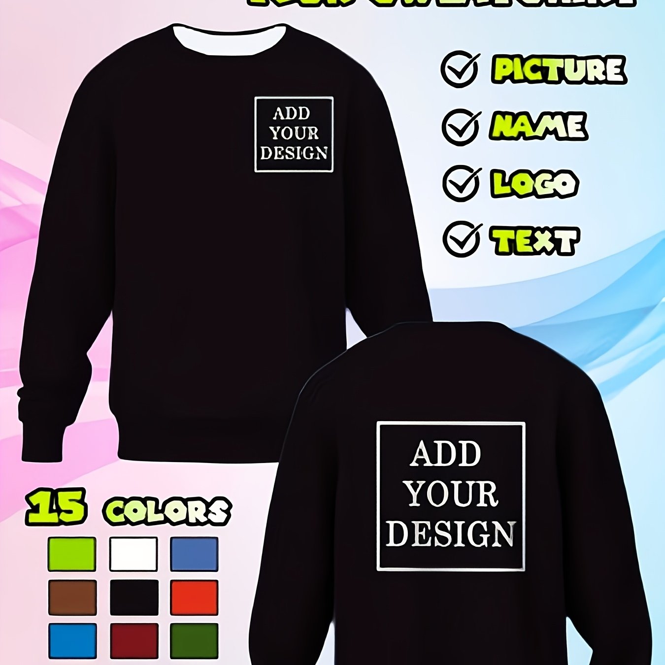 TEMU Customizable Heavyweight Sweatshirt For Men Featuring , Name, Text, Or Photo - In Oversized Plus Size Pink (15 Colors From) - Suitable For Bulk