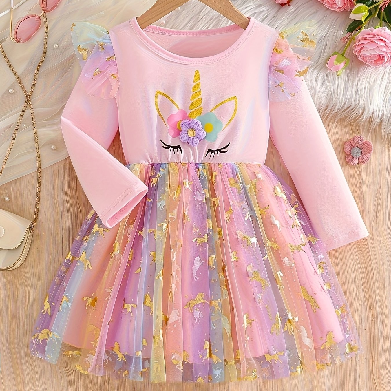 Image of Lotus Leaf Hem Sleeve Cartoon Unicorn With Gold Shimmering Mesh Casual Dress, A Must-have Garment For Girls, A Gift