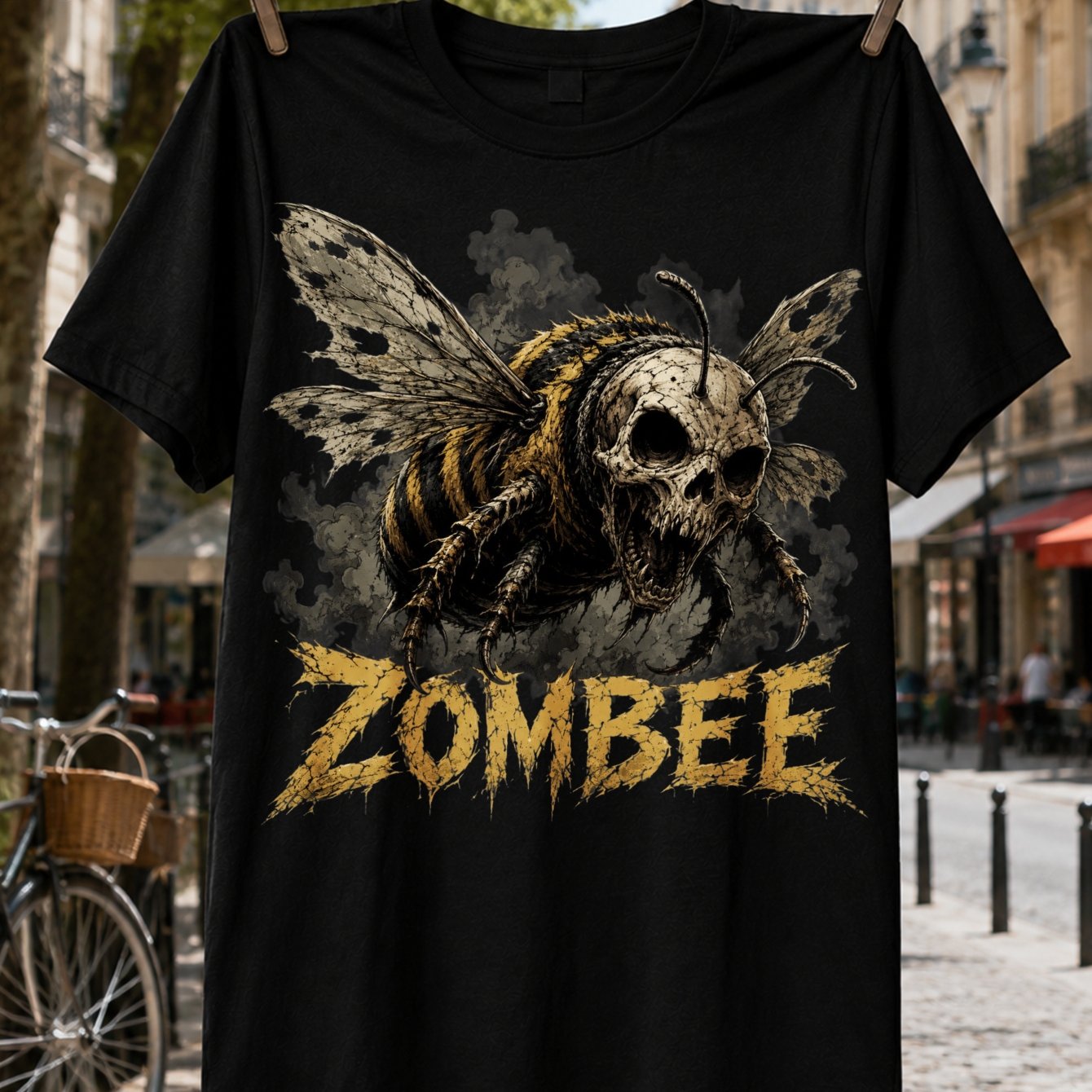 Unisex Bee Horror Graphic T-shirt - Skeletal Insect With Wings & Grungy Yellow Print, Round Neck Casual Tee Suitable For Wear, Machine Washable For Themed Events, Everyday Outfits