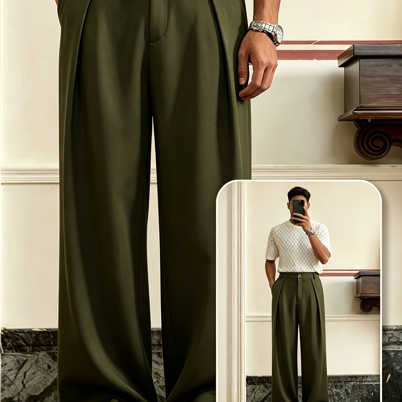 TEMU Baggy Pants Men's High-waist Double Wide-leg Trousers, Drapey Anti-wrinkle Loose Floor-length Casual Pants, Retro Double Suit Trousers For Men,