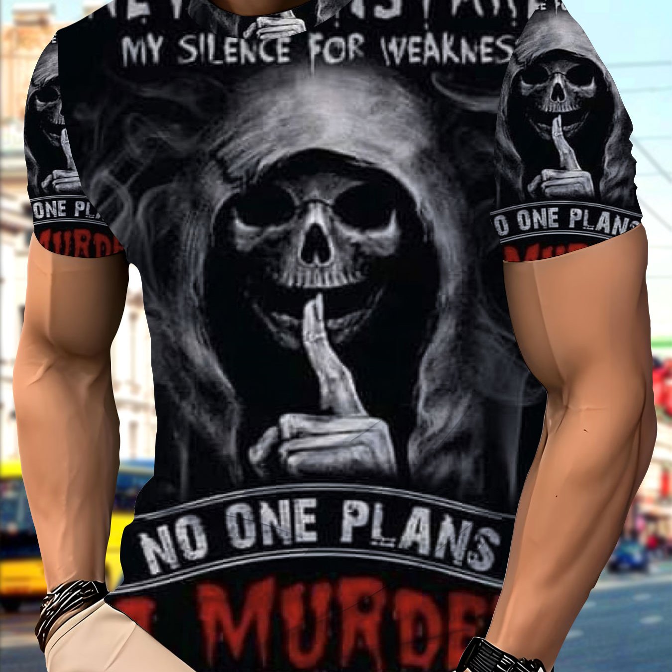 TEMU Men's 3d Men's Polyester T-shirt With Reaper Print, Never My For Slogan Tee, Casual Streetwear Top With No 1 Plans A Murder Out Loud Graphic,