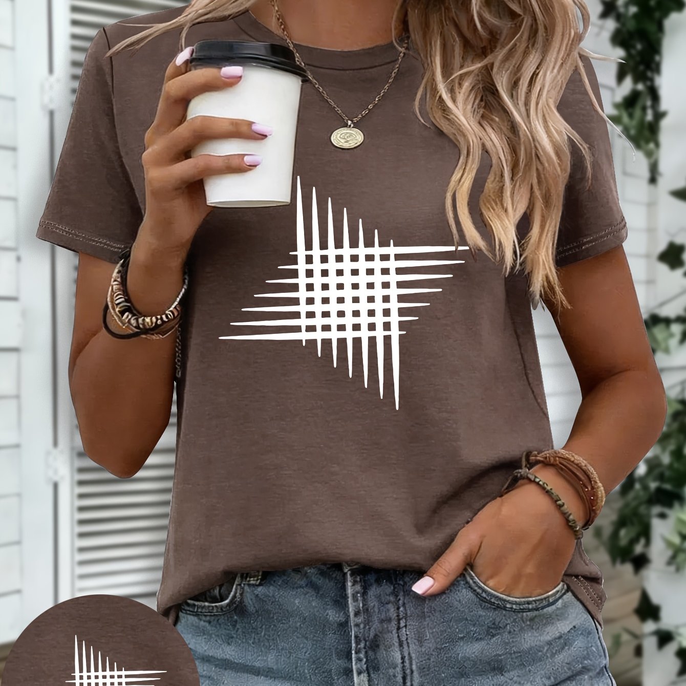 TEMU Lines Abstract Geometric Pattern Summer Women's Clothing Casual Outing Wear Round Neck Short Sleeve Women's T-shirt _10190