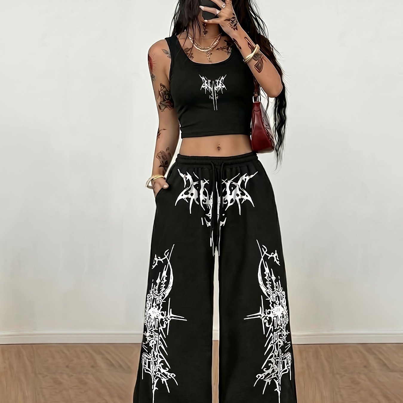 E-shop Gothic Black Metal Schrift Druck Zweiteiliges Damen Freizeit Street Enganliegendes Trägerwesten-Set und lockere Hose, geeignet für Street Hot to