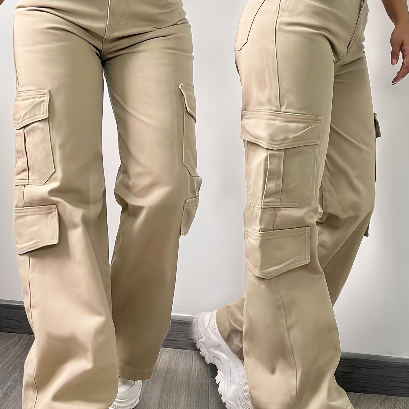 TEMU Women's -waist Multi-pocket Cargo Wide-leg Pants, 3d Pockets Straight Cut Design, Casual Commute Photography All-match Cargo Trousers