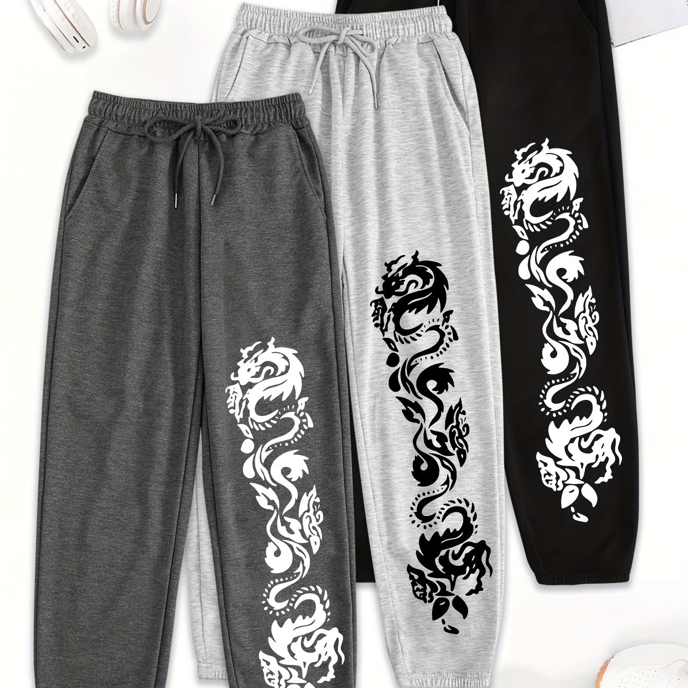 TEMU Set mit 3 Hosen mit Buchstabenprint, bequeme, elastische Freizeithosen für Damen