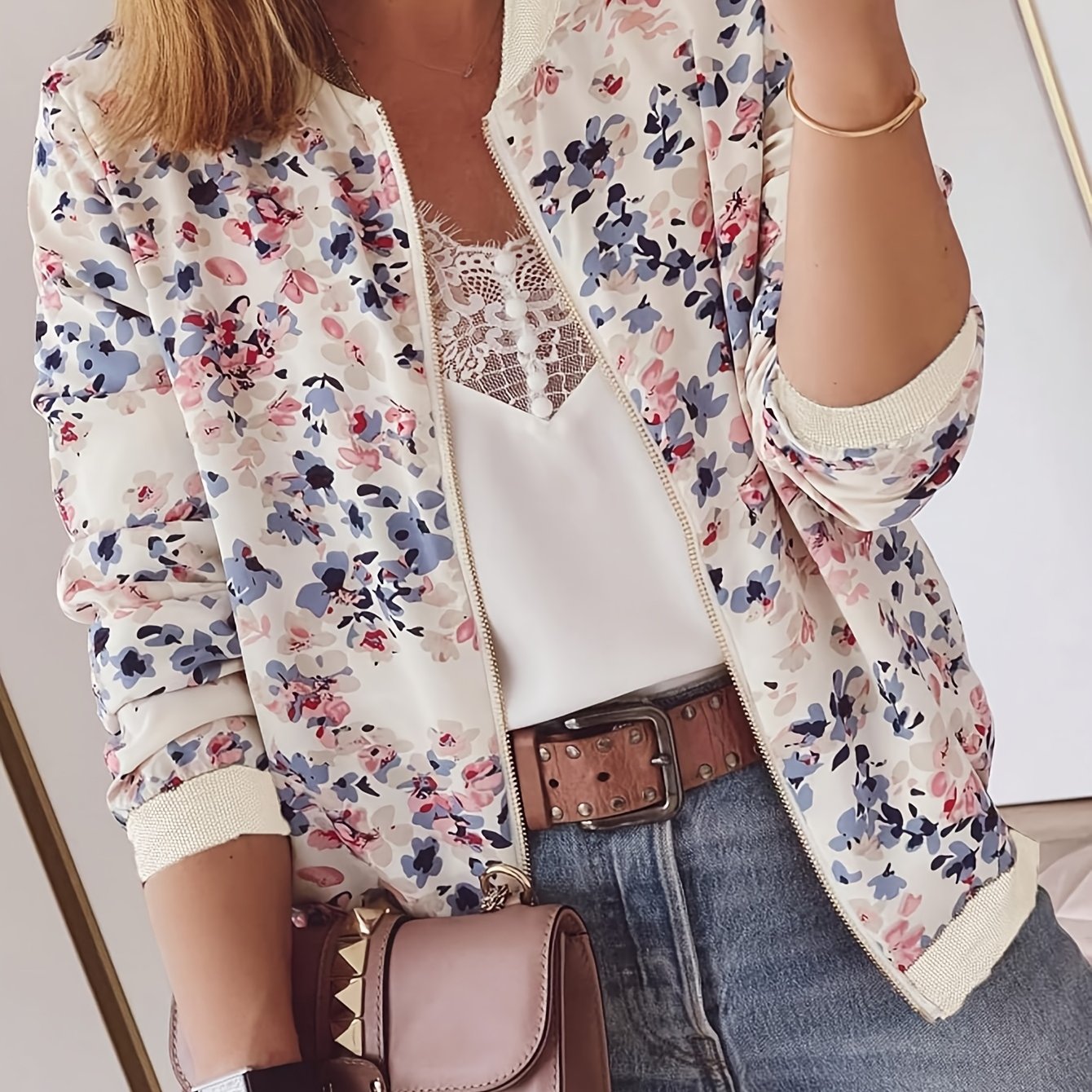 Women's Elegant Floral Print Jacket - Soft Machine-washable Fabric, Collar & Zipper Front, Versatile Casual To Formal Outerwear, Relaxed Fit Clothing, Sophisticated Texture