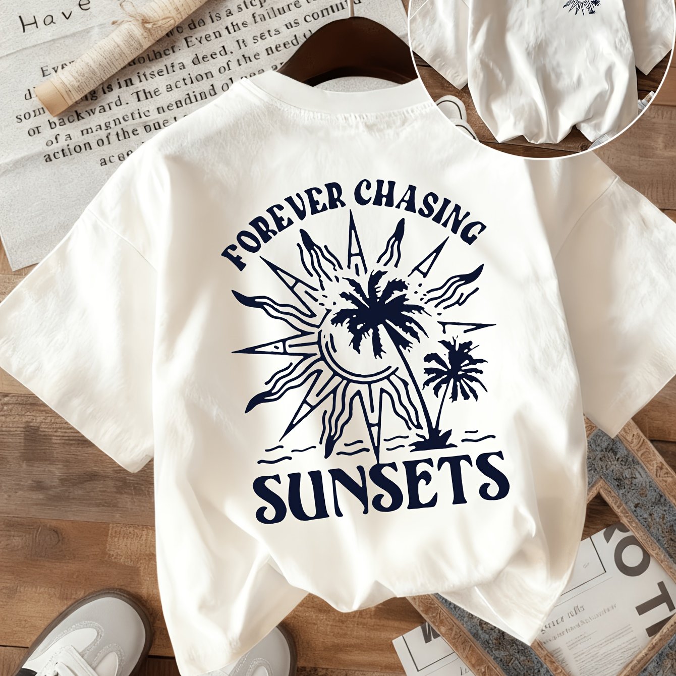 TEMU Camiseta Vintage de Playa para Mujer - Top Retro con "Forever Sunshine" - Camisa y , para Vacaciones en , Ropa Casual , Lavable a Máquina, Moda