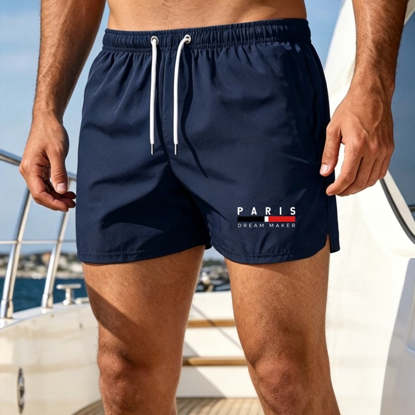 TEMU Costume da bagno da ad asciugatura rapida - Pantaloncini da spiaggia con stampa PARIS, coulisse in vita, tessuto non , adatti a come spiaggia,
