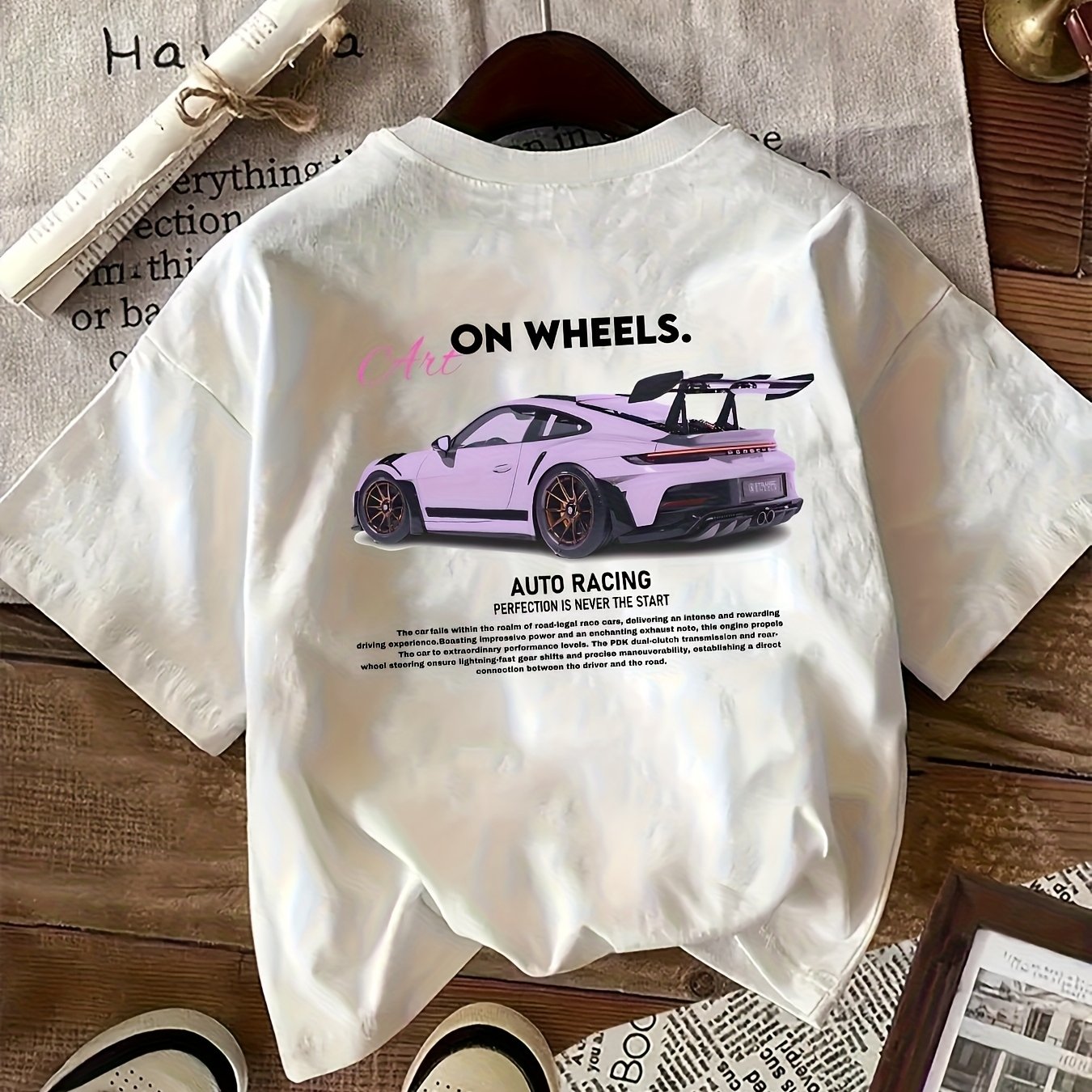 Image of Women's Casual T-shirt With Car Print, Crew Neck, Short Sleeve, Regular Length - Fit