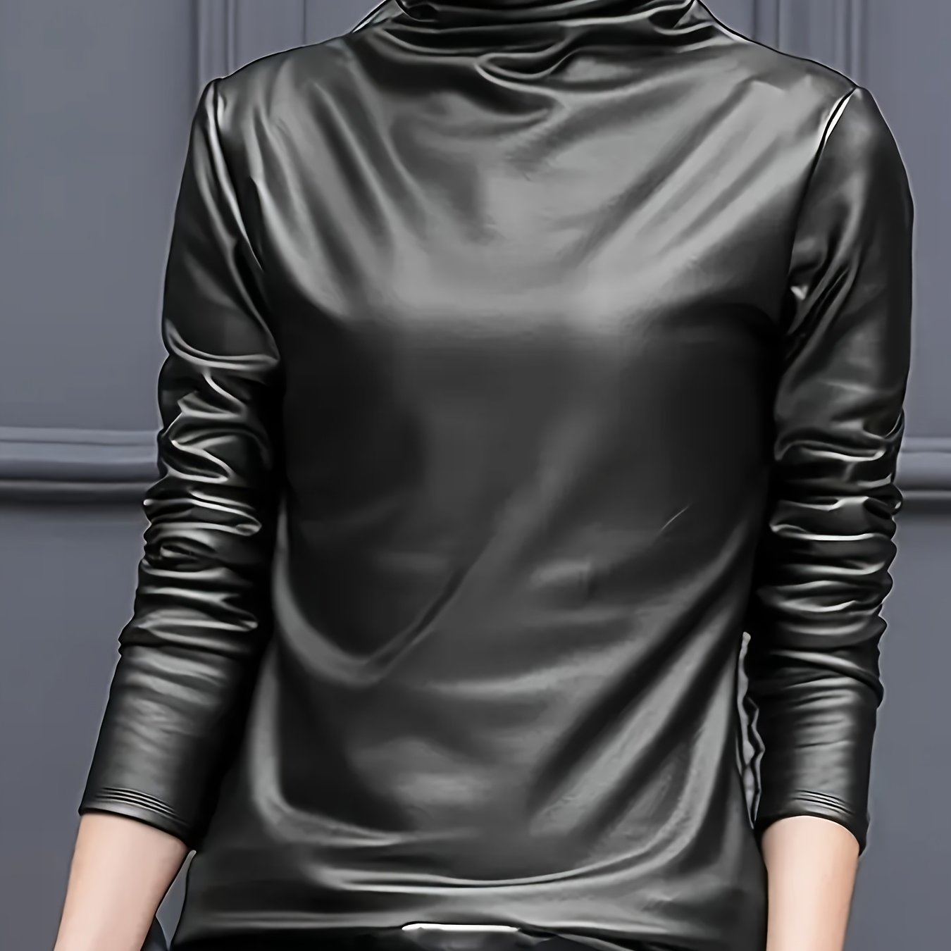 Women's Fashion Pu -neck Plain Synthetic Leather Top