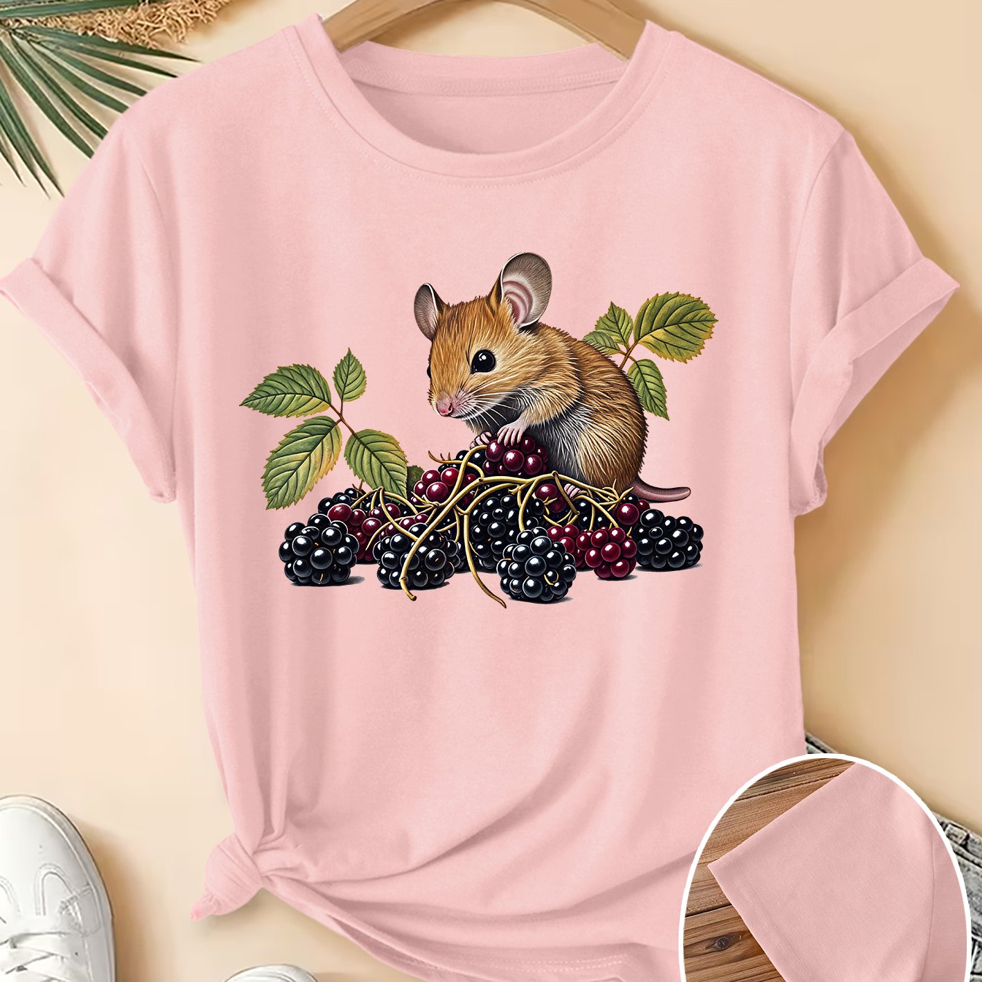 TEMU Plus Size Women's Summer Clothing, Realistic Illustration Print Round Neck Short Sleeve T-shirt, Natural Whimsical Style, Versatile Casual Wear,