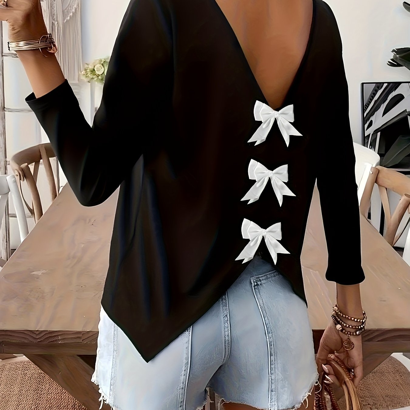Image of Women's Holiday Bow Detail 3/4 Sleeve T-shirt - Resort Casual Summer Top