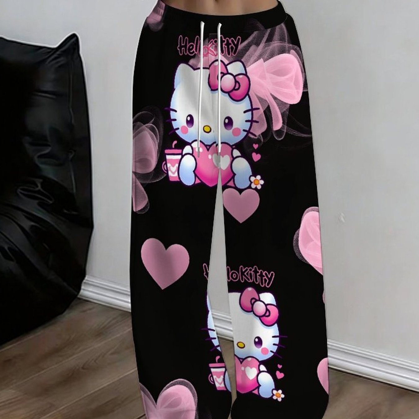 Image of Women's Fashion Casual Cartoon Print Drawstring Pants Casual Women's Straight Leg Trousers