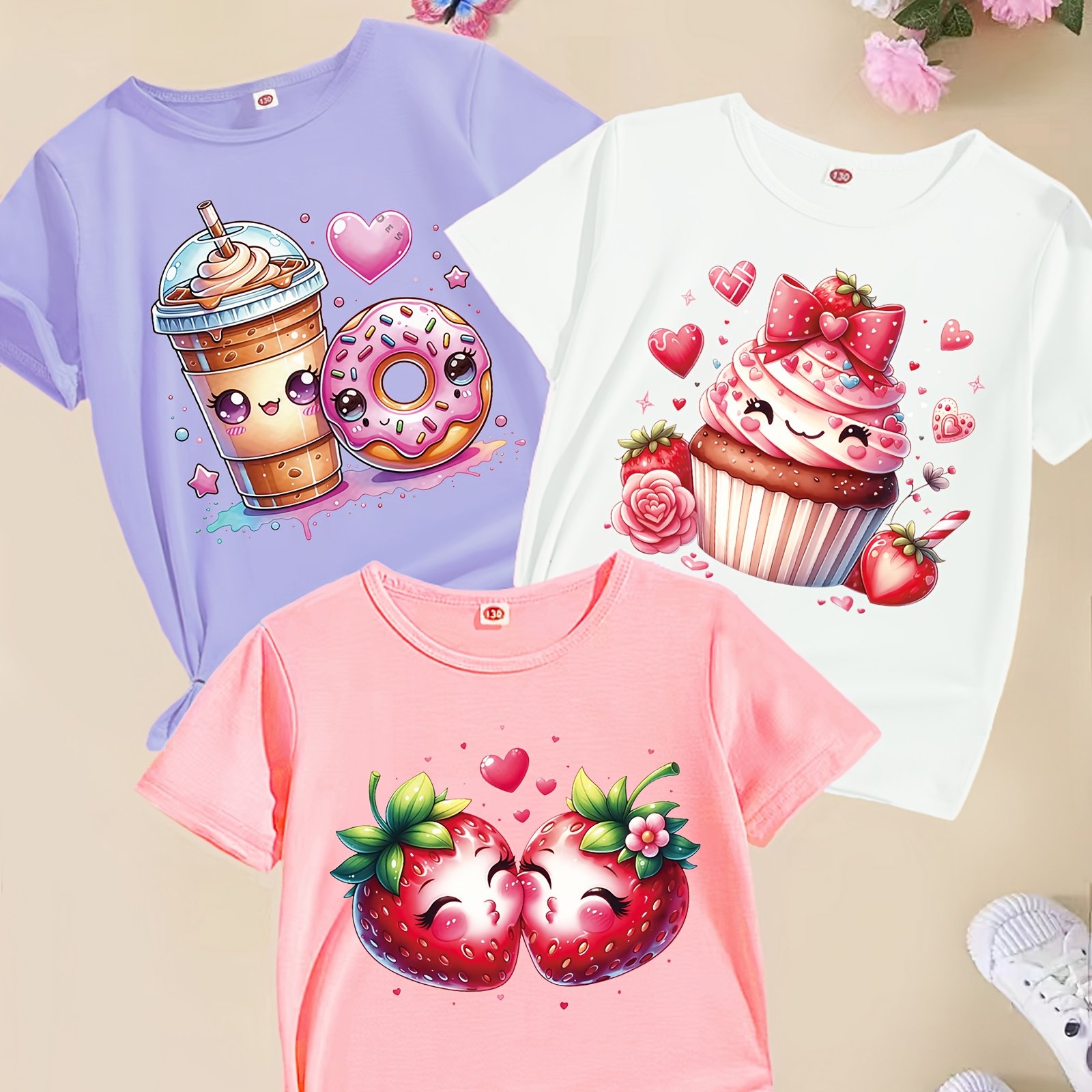3pcs Trendy And Fashionable Short Sleeved T-shirt For Girls, Comfortable Polyester Fiber Casual Summer Top With Cute Cartoon Pattern Print