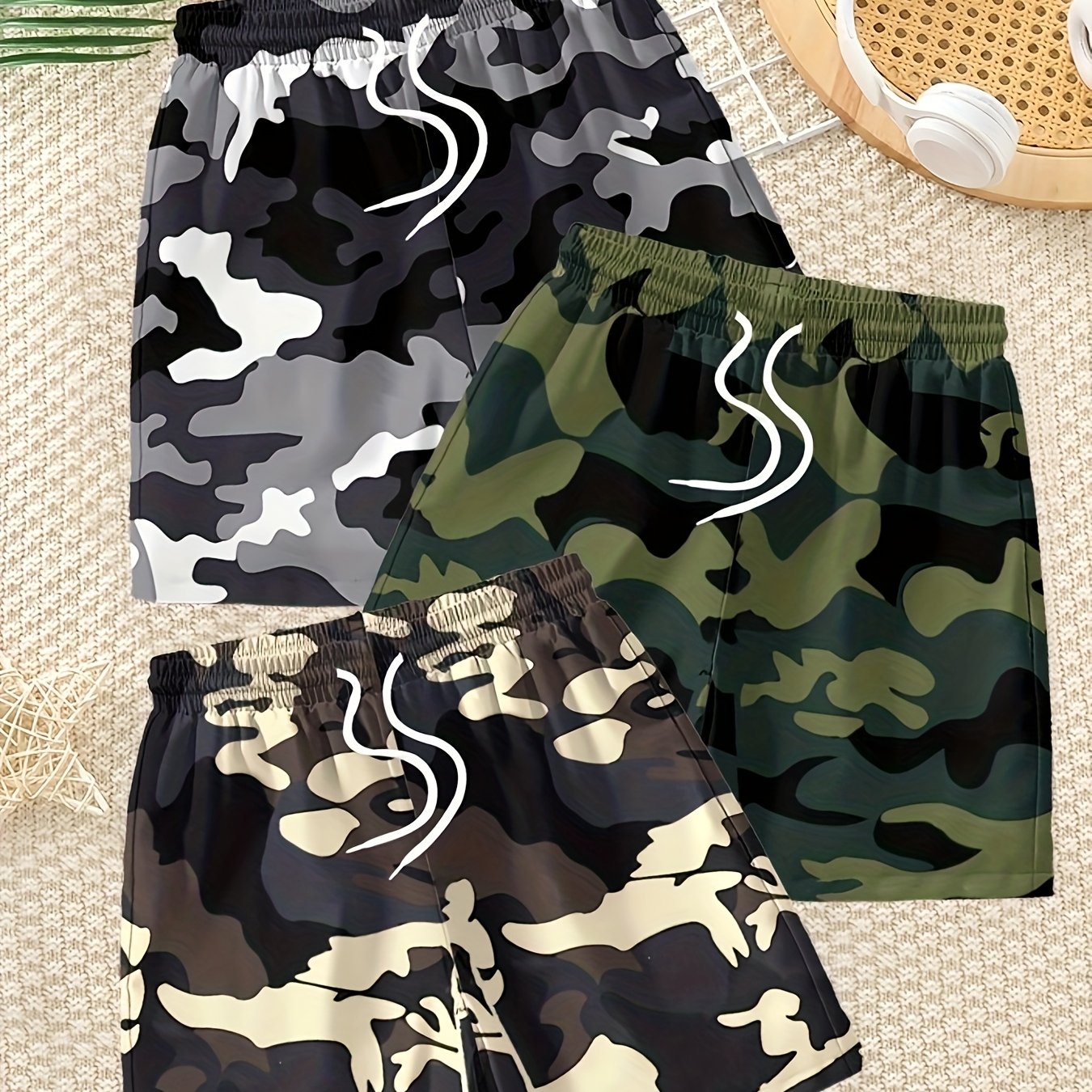 Image of Set Of 3 Comfortable Boys' Shorts With Creative Patterns, Perfect For Summer Outdoor Leisure And Quick-drying, Ideal For Beach Vacations, For Outdoor