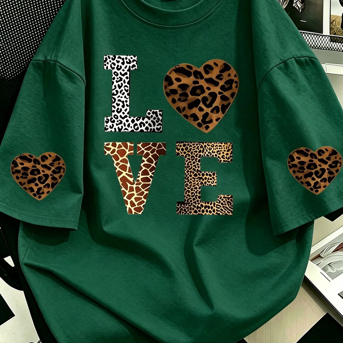 Women's 100% T-shirt 180g Sleeve Print Red Summer Loose Fit Crewneck Short Sleeve Tee, Leopard Heart Casual Sporty Top, Beach Style Vacation Activewear For Ladies