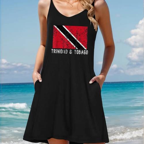 womens elegant distressed caribbean flag spaghetti suspender dress v neck sleeveless black beach dress with washable for spring summer fall casual spaghetti strap summer dress tropical outfit nontransparent fabric