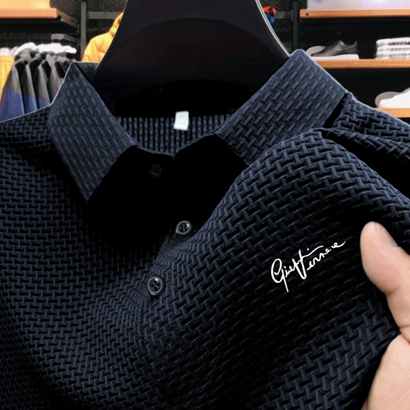 TEMU Gv Letter Print, High-quality Summer Casual Business Men's Shirt Printed Short Sleeve Top High-end Solid Color Jacquard Collar T-shirt Essential