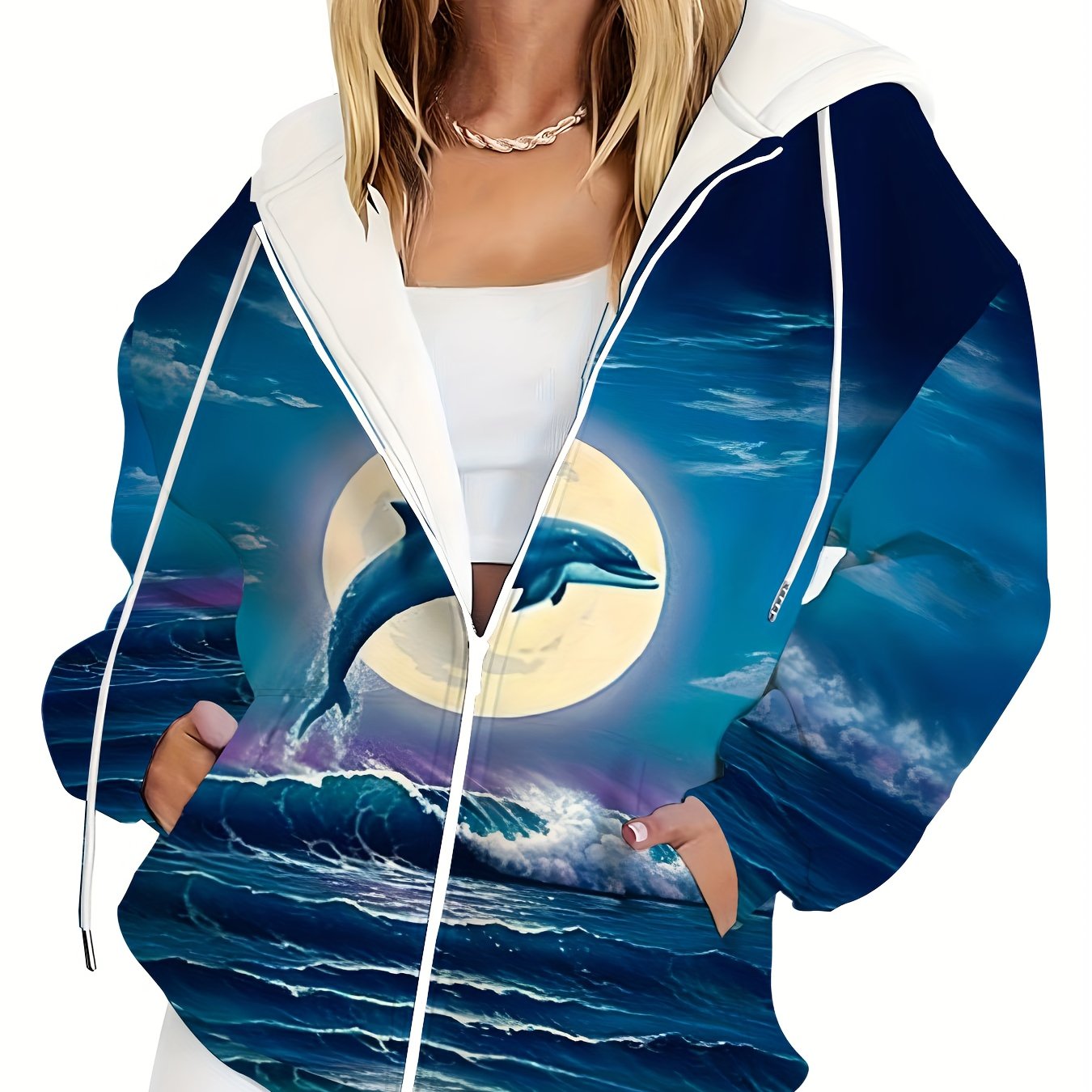 TEMU Sweat à capuche zippé grande taille pour femme, imprimé série Océan avec un joli et un motif de , dans un style vif et . Fabriqué en mélange