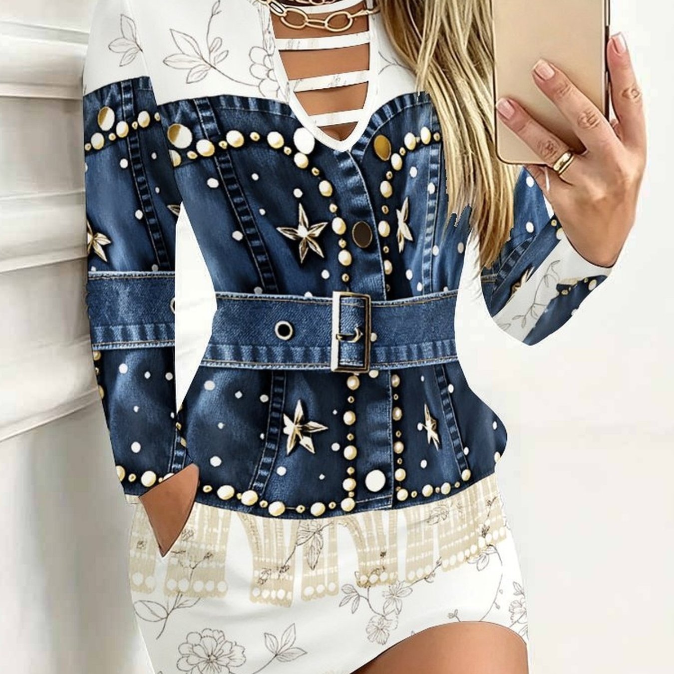 TEMU 3 Directional Round-neck Long-sleeved Dresses With Leopard, Geometric, And Floral Pattern Prints, Ideal For Elegant Occasions Such As ,