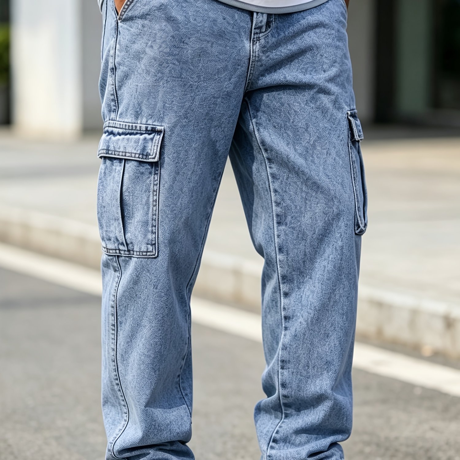 TEMU Men's Loose Casual Straight-leg Four-season Cargo Jeans, Heavy-wash Vintage Western Cowboy Classic, Multi-, Versatile Streetwear Style, Fashion