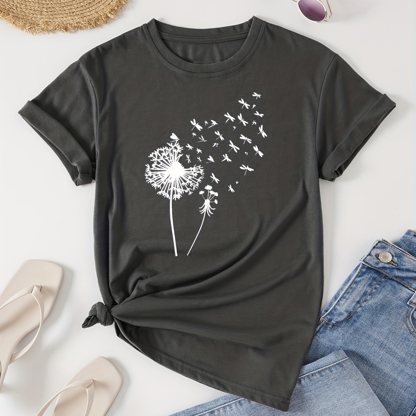 TEMU Dandelion Print Crew Neck T-shirt, Casual Short Sleeve T-shirt For Spring & Summer, Women's Clothing