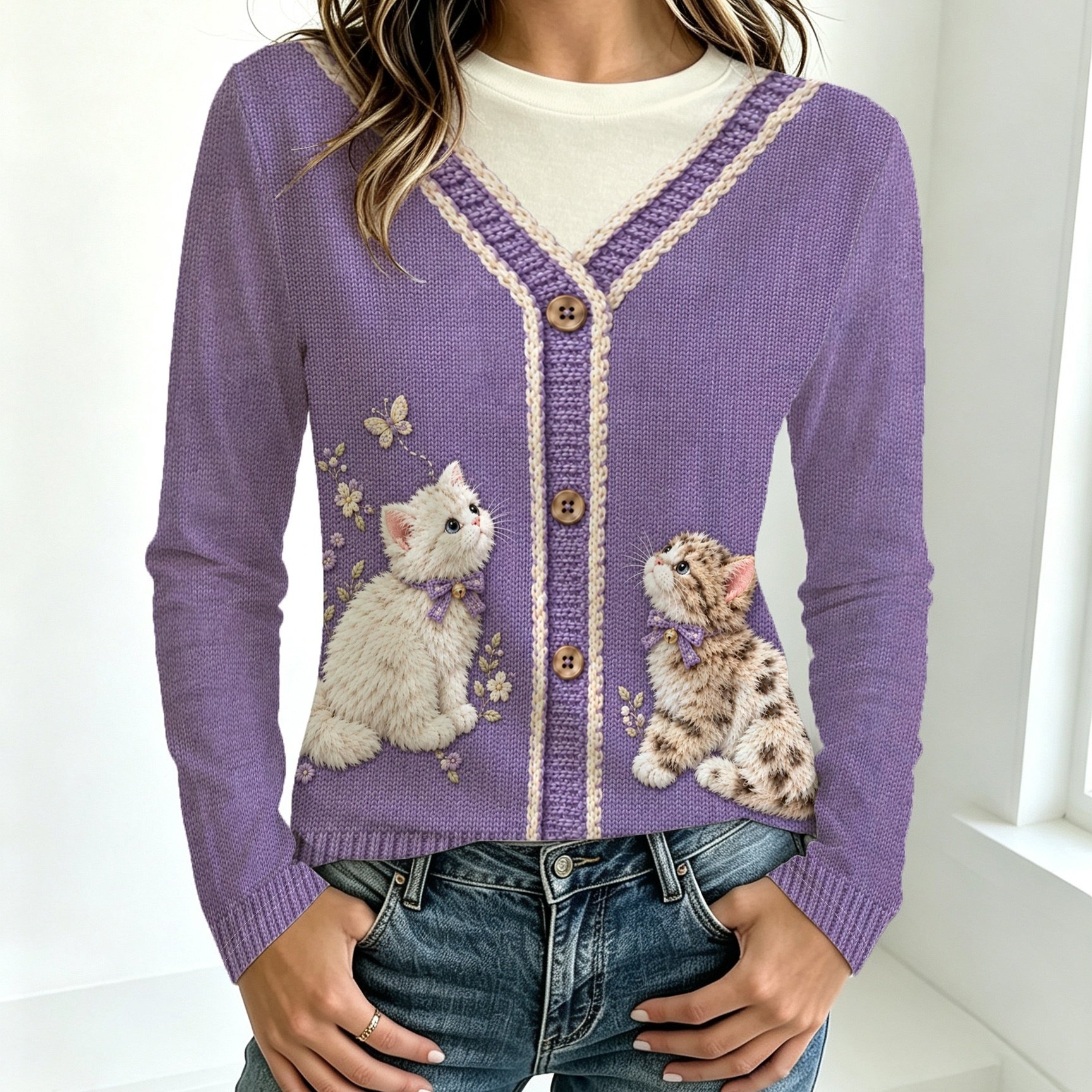 TEMU A Women's Regular-fit Long-sleeve T-shirt Featuring An Print Of A Faux Cardigan With 2 Adorable Cats, Butterflies, And Small Floral Patterns.