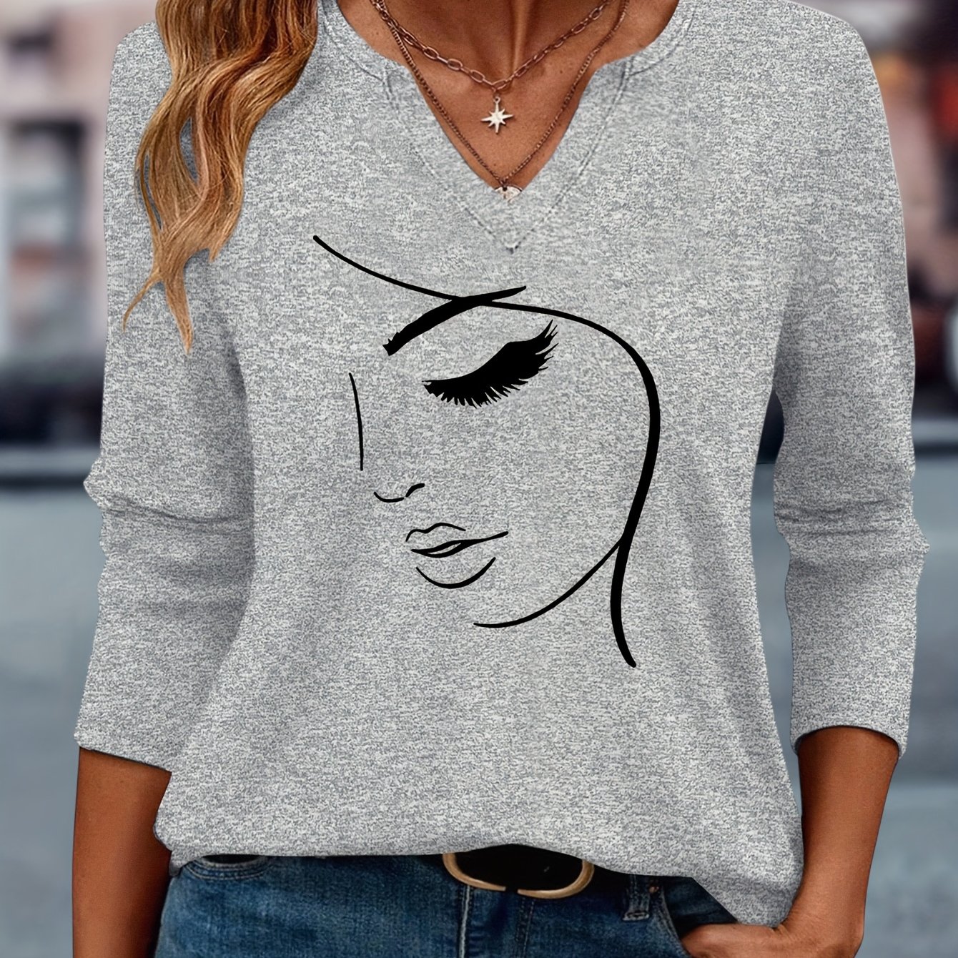 TEMU Fashionable And Chic Abstract Face Pattern Print European And Women' Simple Comfortable Casual V-neck Three-quarter Sleeve T-shirt