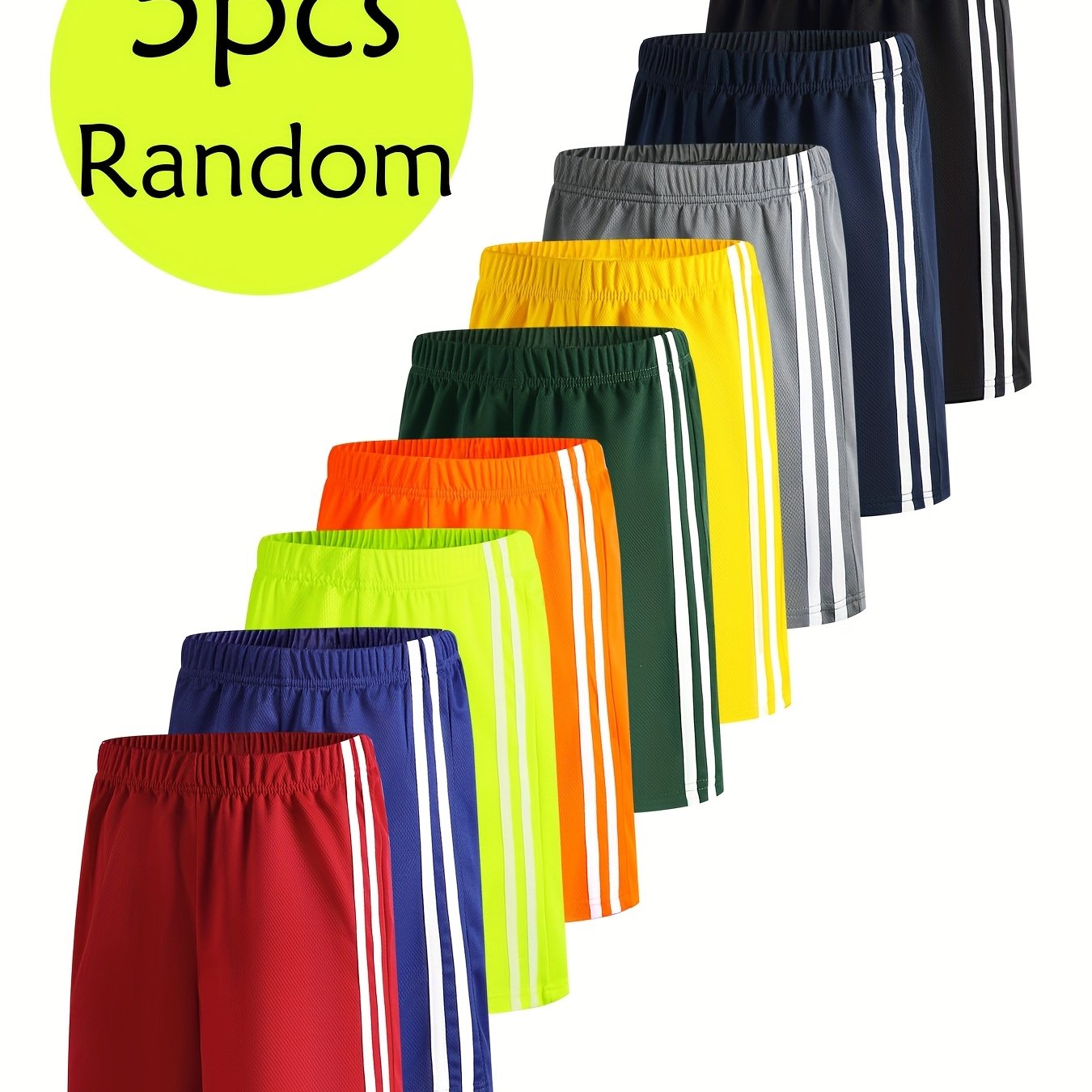 Image of Boys' 5pcs Random Short Shorts From Summer Collection - Breathable Mesh Fabric, Elastic Waistband, Solid Color, Quick-dry Athletic Casual Wear, Suitable For Outdoor