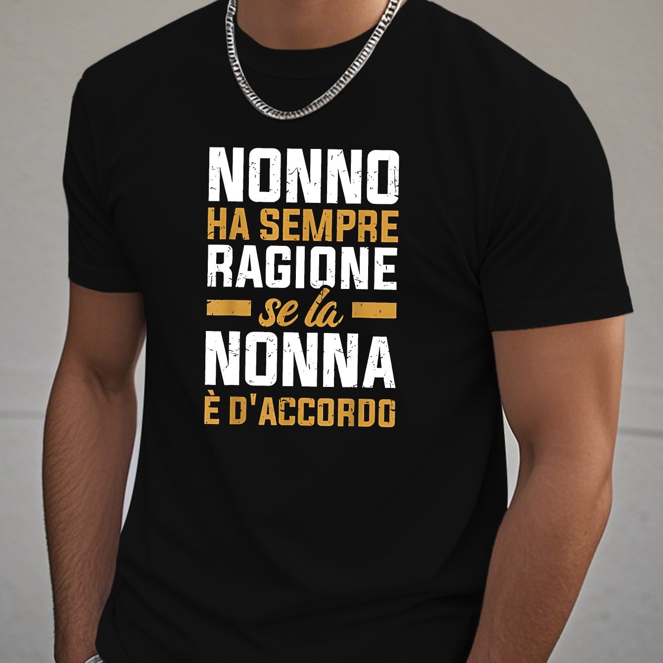 TEMU Men's Plus Size Retro Streetwear T-shirt - " Ha " Italian Quote, Black Casual Short Sleeve Tee With Yellow & White Geometric Pattern, Summer