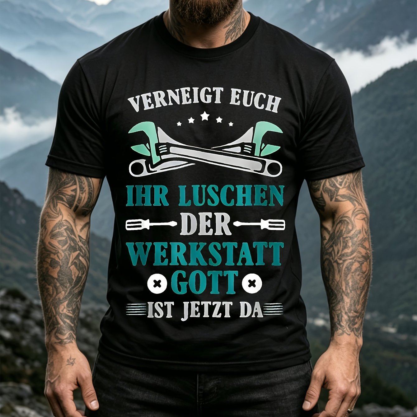 Black German T-shirt Text And Tools Graphic For Workshop Enthusiasts Outdoor Leisure Breathable Unisex