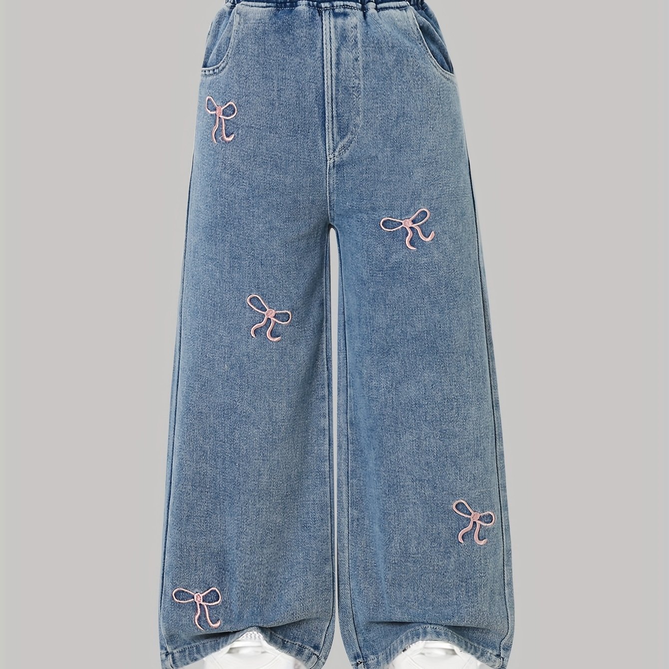 Image of Fashion Casual Jeans, Blue, Embroidery, Straight Leg, Non-stretch, Regular Fit, , School Style, Woven Fabric, Clothing