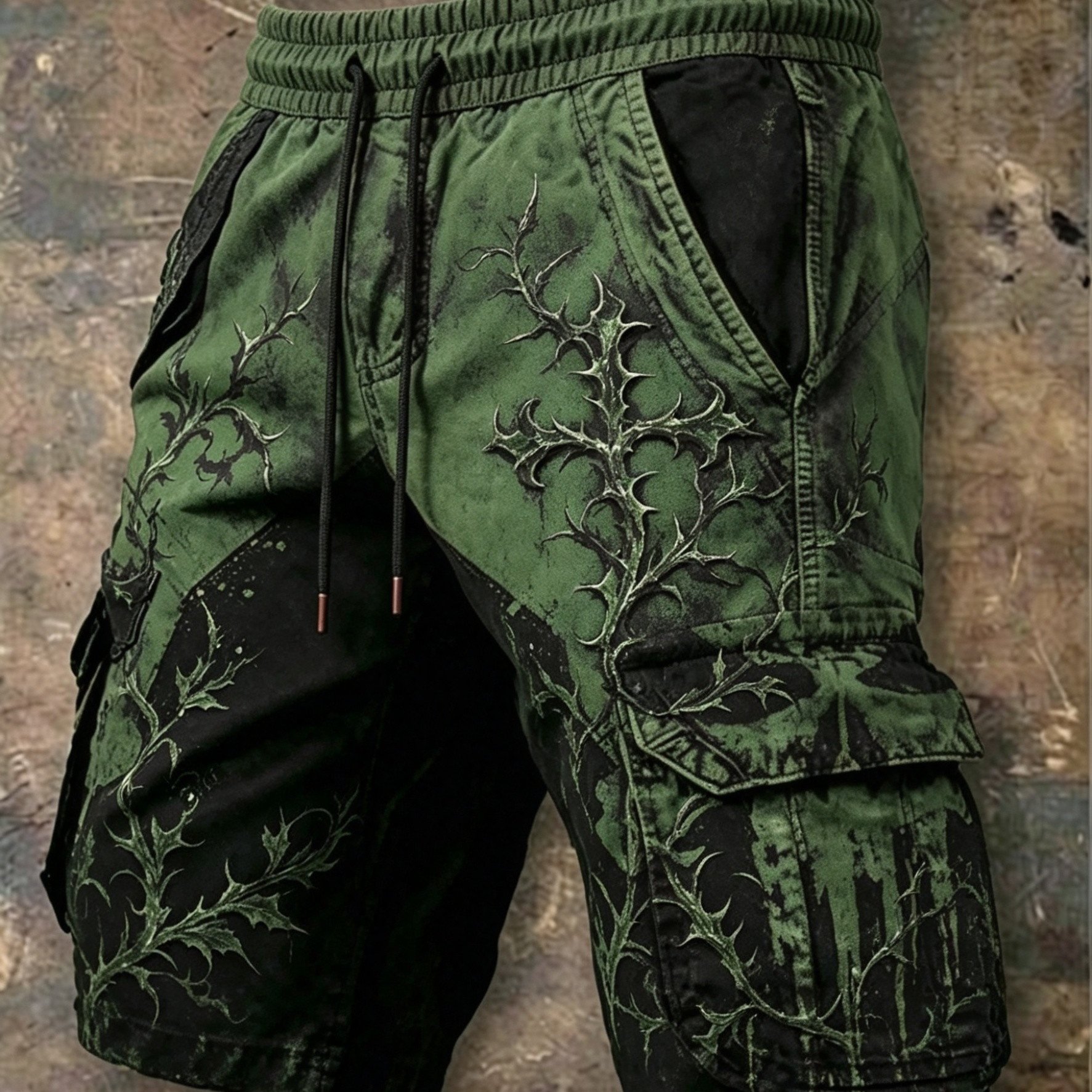 Image of Army Green Vintage Thorn Men's Cargo Shorts, Summer Casual Drawstring Multi-pocket 5-inch Pants For Outdoor Daily