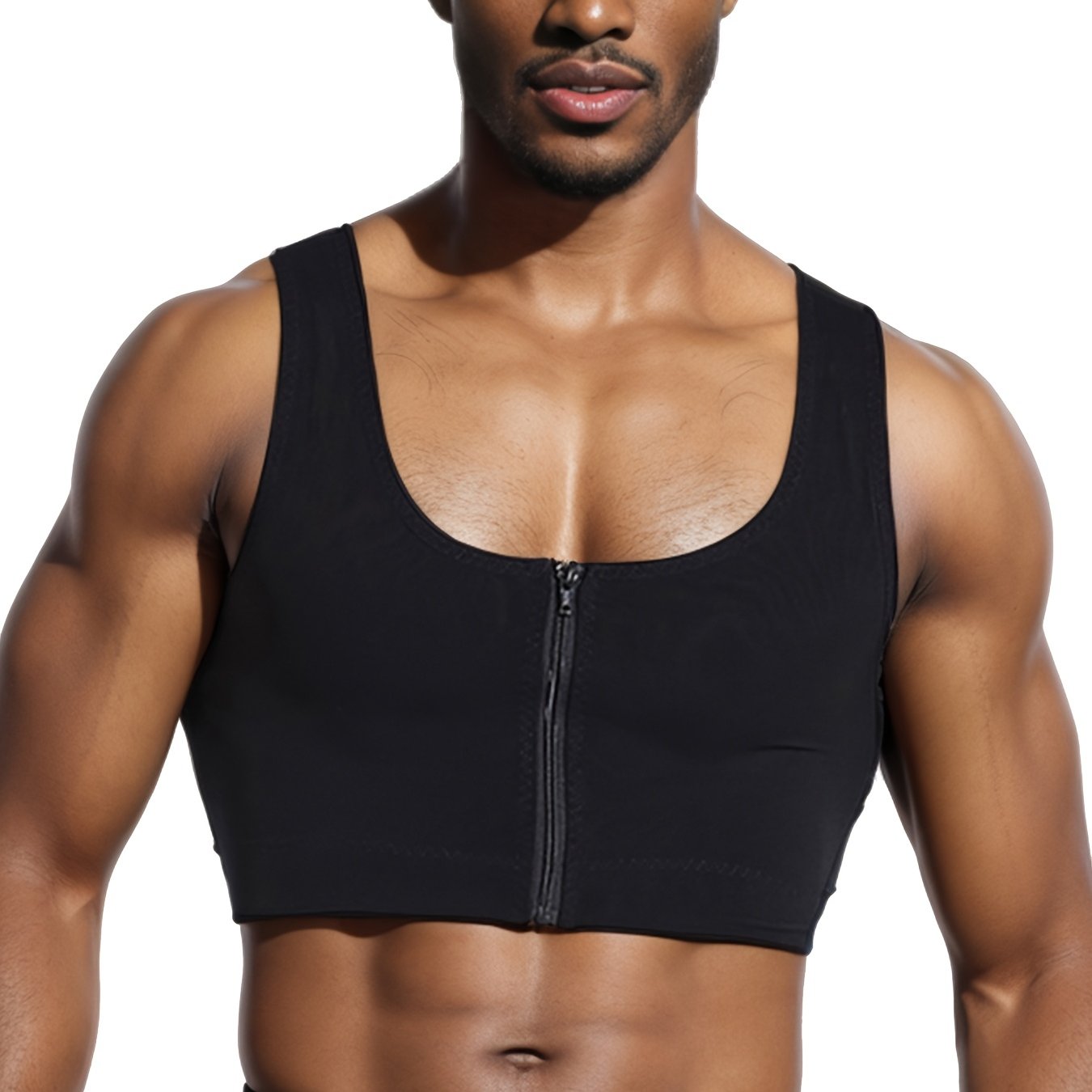 TEMU Men's Black Sports Bra - High-stretch, Skinny Fit, Zippered, Transparent, Breathable, Athletic Wear, Athletic Support Apparel | Zippered Sports