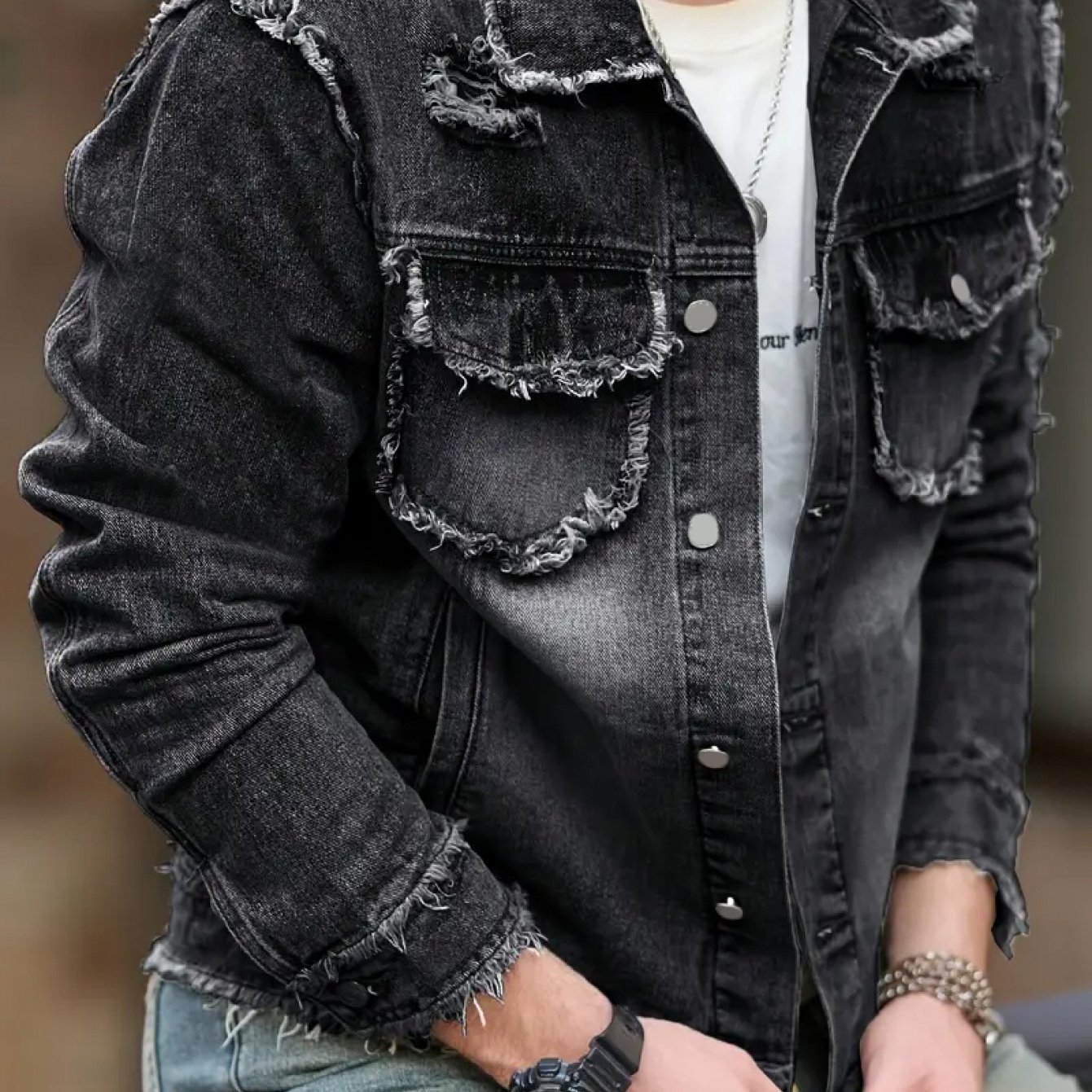 Image of [hme] Denim Jacket For Men Non-stretch Slim Fit For A Sharp, Flattering Look, Vintage Washed Versatile Black-gray, Trendy Frayed Street-style Details. Classic 4-, Button-front Closure