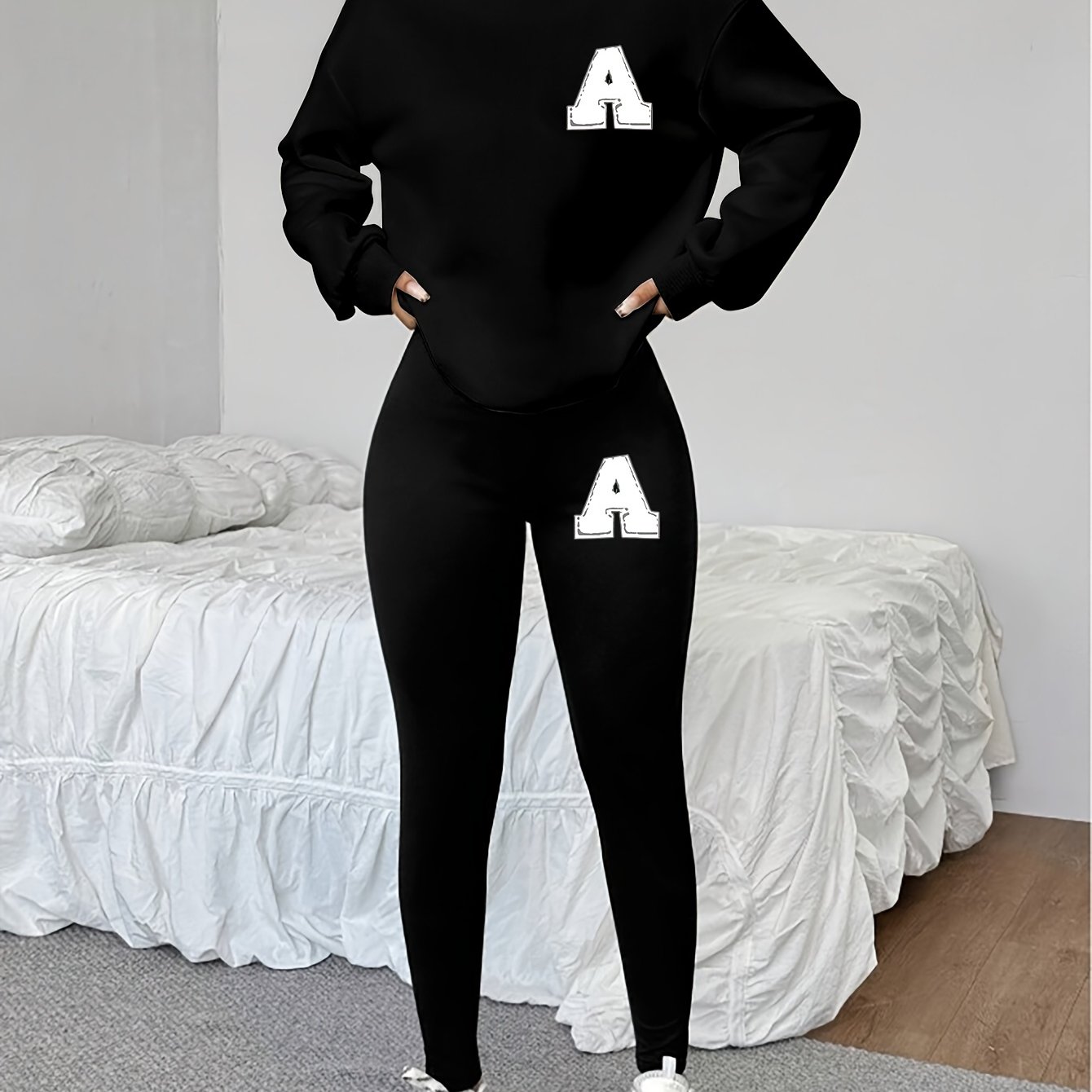 TEMU Conjunto de sudadera casual para mujer Wild Ai 0908, 1 juego, conjunto de 2 piezas, sudadera de larga y cuello con estampado de , leggings