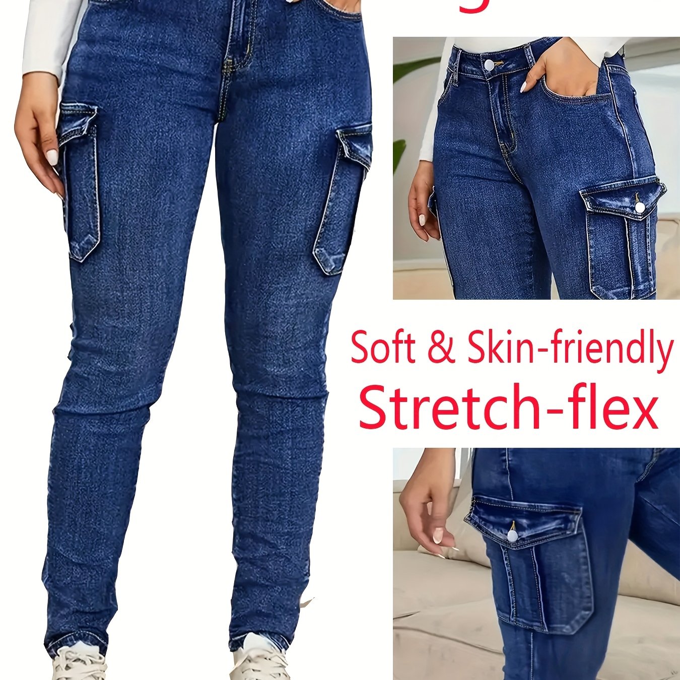Image of Blue Workwear Pocket Slim Fit Stretch Skinny Cargo Pants, Multi-pocket Slim Fit -lifting Overalls Denim Jeans