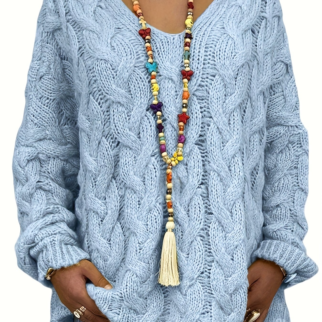 Plus Size Women's V-neck Elegant Sweater - Hot French Niche Design, Lazy Solid Color Cable Hoodie