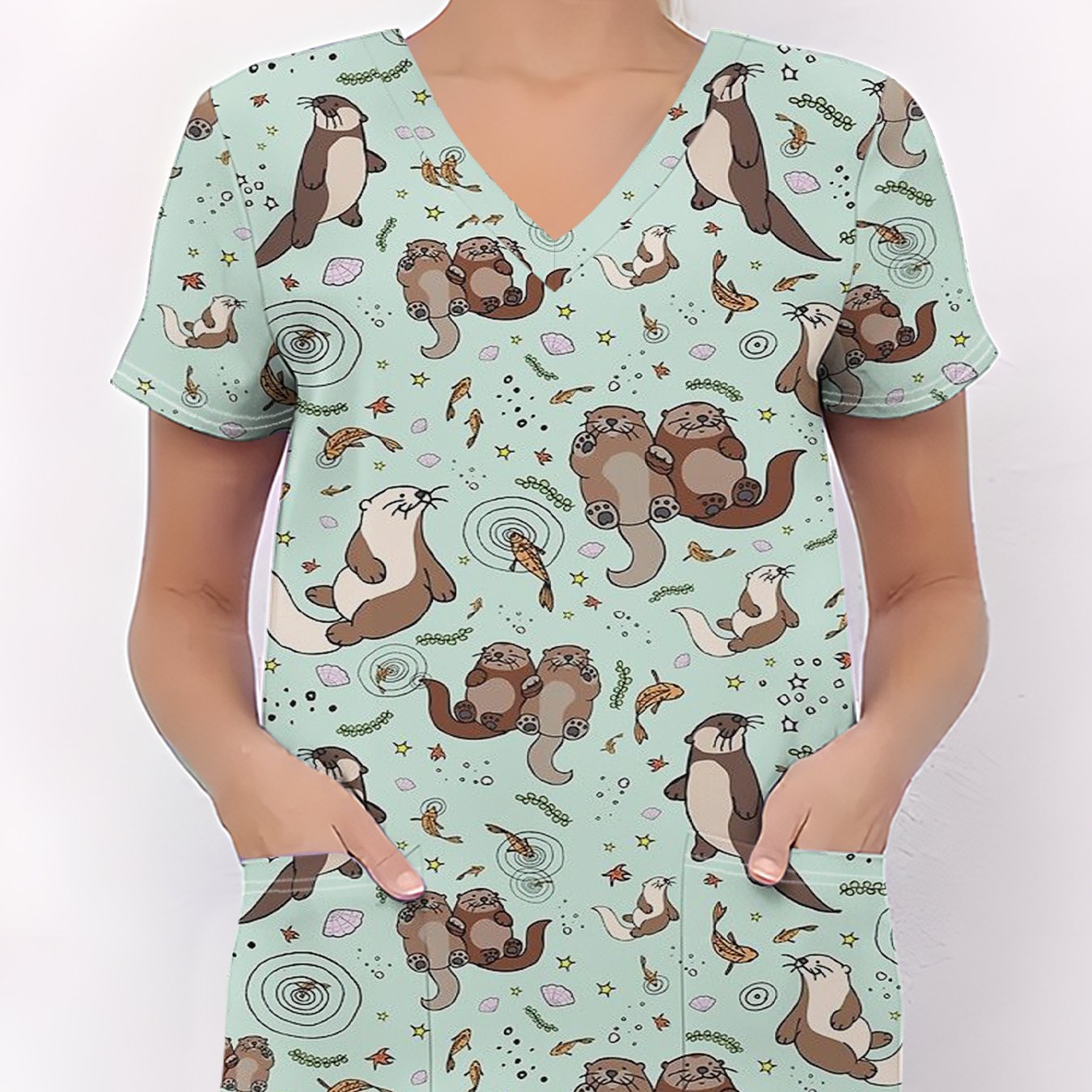 TEMU Nouveau Uniforme d'Aide-soignant, Vêtement de Travail à Manches Courtes et Col en V avec Poches, Cartoon Vifs, Mignons et Éclatants. Style