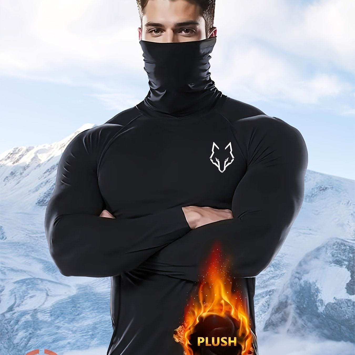 TEMU Camiseta térmica negra para hombre, capa base 24H Heat, logo Wolf, forro polar de felpa +℃ para esquí, snowboard, montañismo y frío