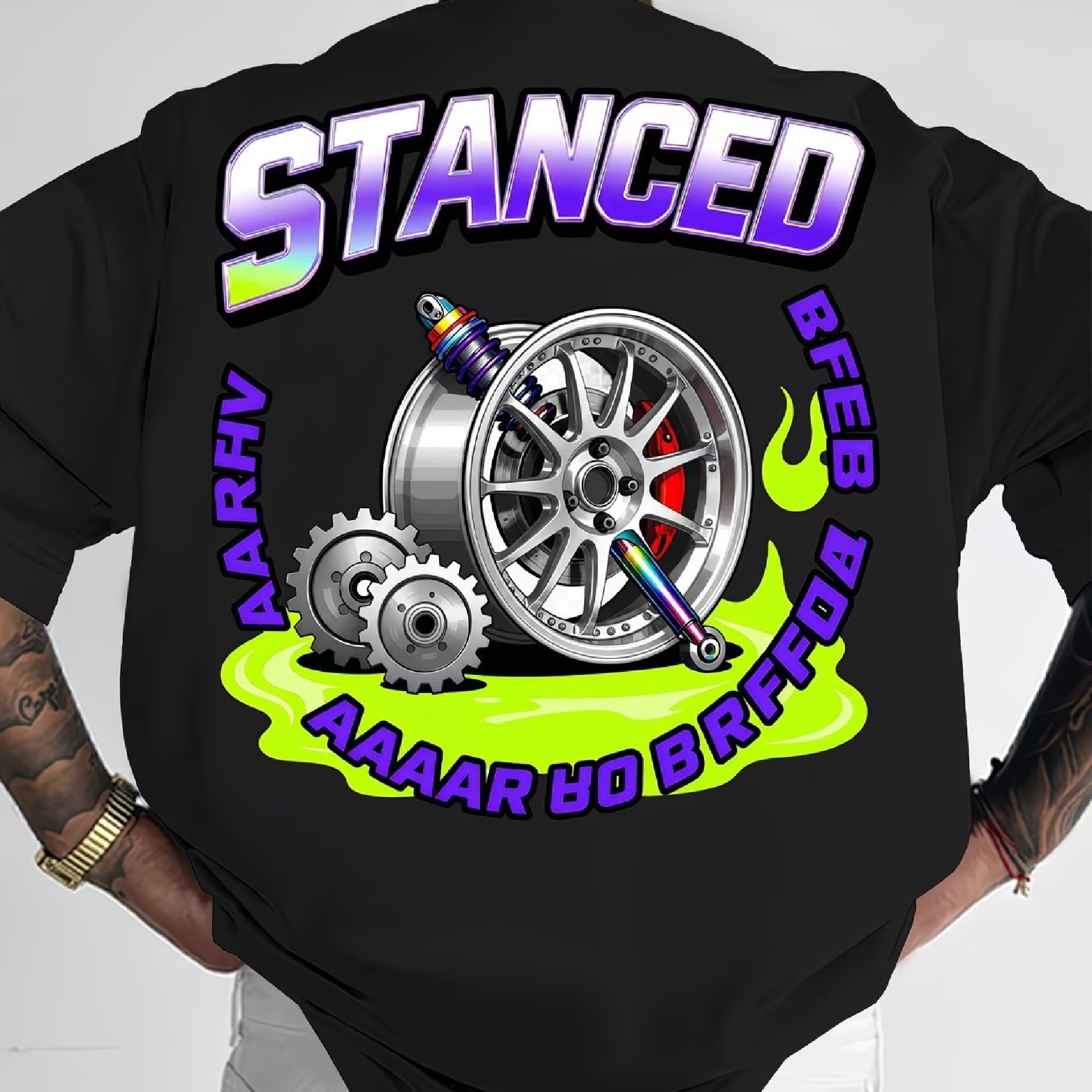 Image of Street Style Modified Car Wheel Theme Letter Printed Short Sleeve T-shirt, Plus Size