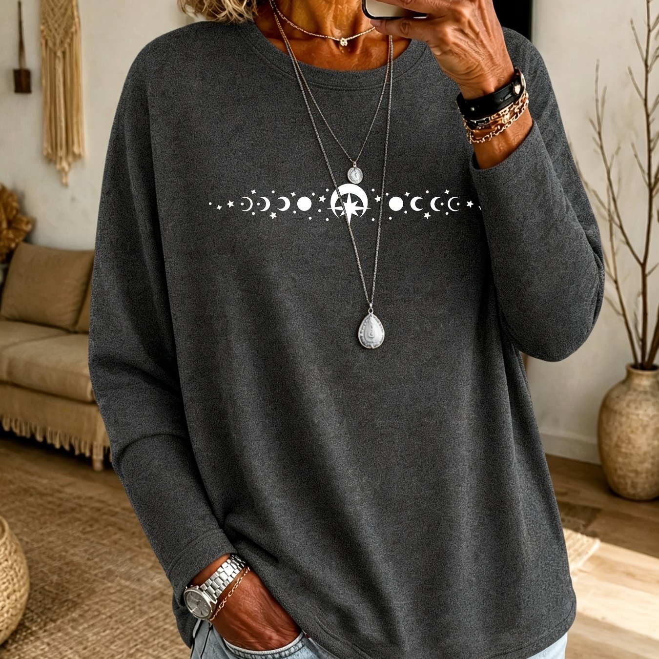 TEMU Plus Size Women's Long Sleeve Top T-shirt, Fashionable Vacation Soft Casual Plus Size Women's Clothing, Printed Base Layer Blouse, Pullover Top,