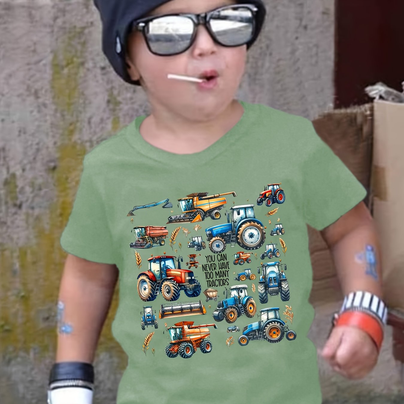 Image of Boys' Fashion Children's T-shirt "you Can Never Many Tractors" Letter Tractor Print Cute Short-sleeve T-shirt Casual Top