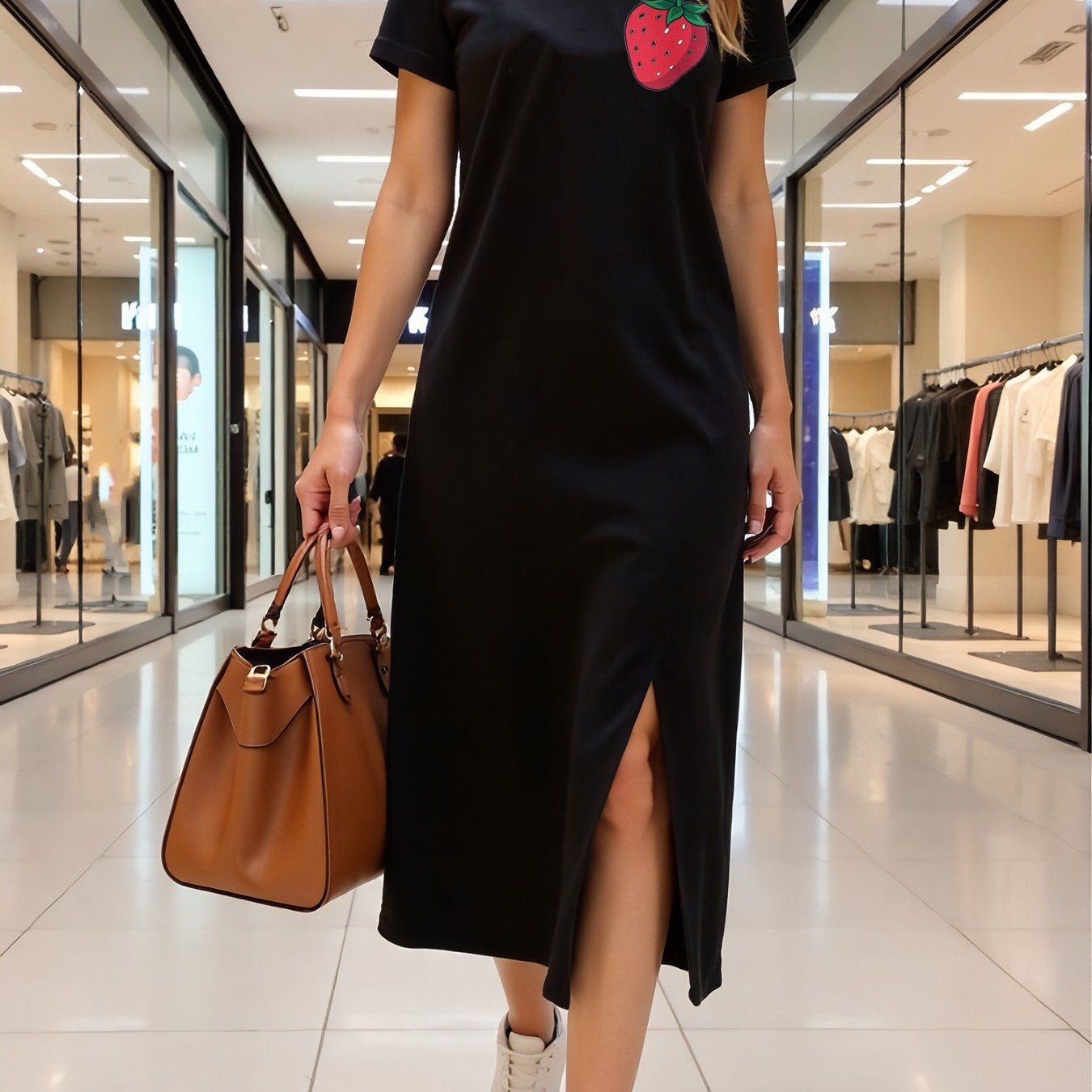 TEMU Black Strawberry Print Short-sleeve Midi Dress For Women - Casual And Trendy Style With Side Slit - Perfect For Shopping And Daily Wear