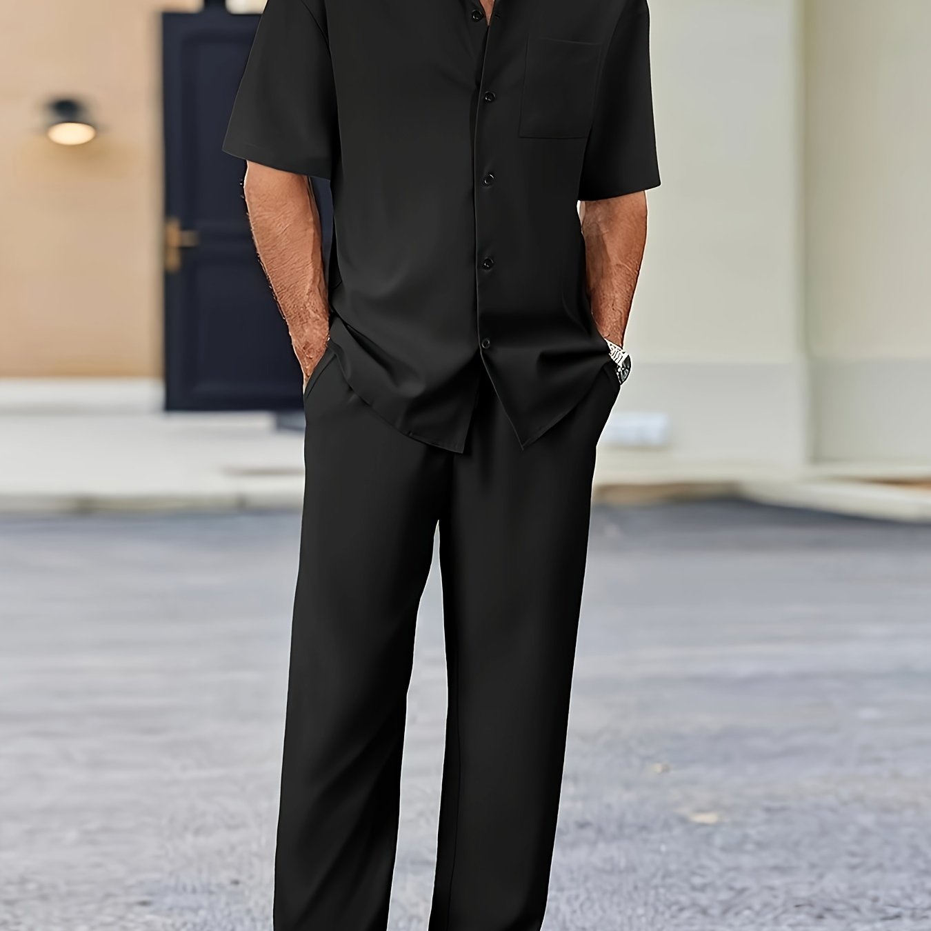 E-shop Herren Freizeitanzug-Inspiriertes Kurzarmhemd & Lockere Gerade Hose Set - Polyester, Maschinenwaschbar